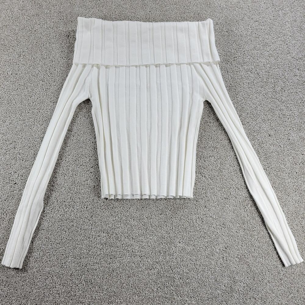 Emerson Lang Knit Off-Shoulder Top Womens M White Long Sleeve Cropped Sweater